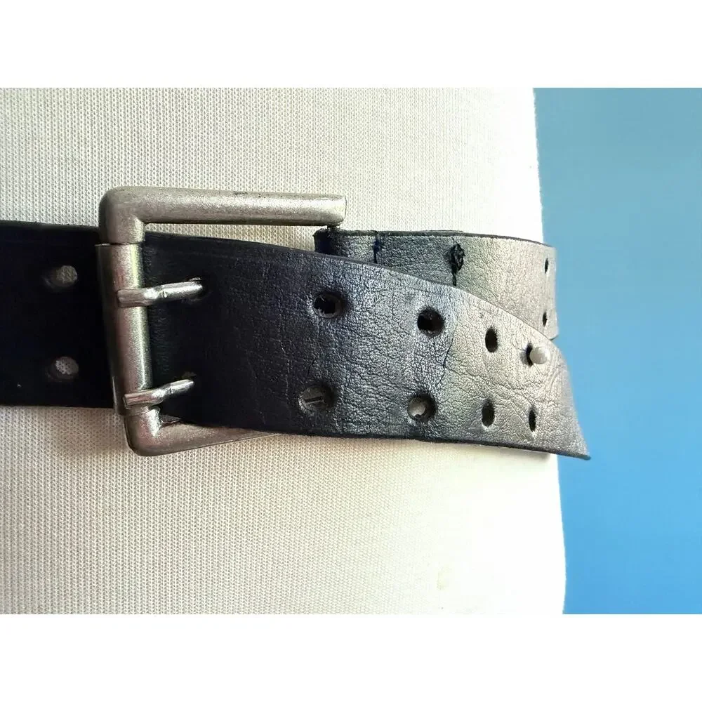 Black Leather Belt w/Dbl Prong Buckle Mens sz 40-44